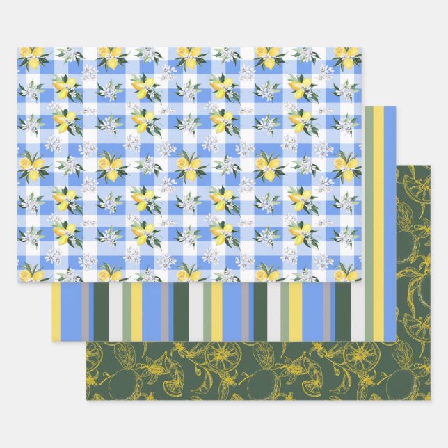 Lemon Blossom and Coordinating Stripes Wrapping Paper Sheet (Set)
