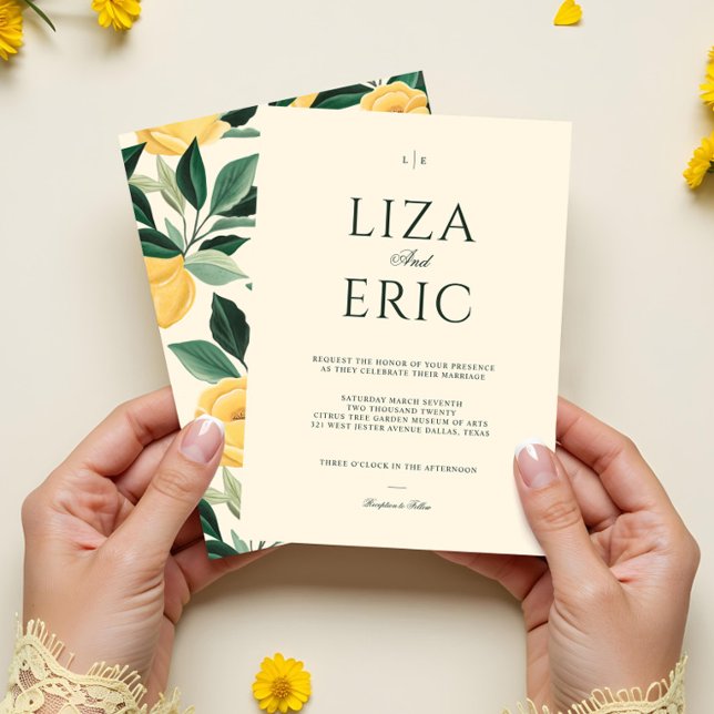 Lemon Blossom Floral Tree Elegant Yellow Wedding Invitation (Lemon Blossom Floral Tree Elegant Yellow Wedding Invitation)
