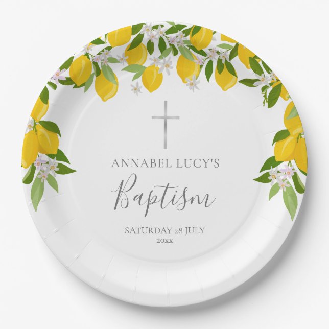 Lemon Blossom Greenery Baptism Christening Paper Plate (Front)