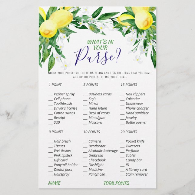 Lemon Blossom Greenery Chic Bridal Shower Game (Front)