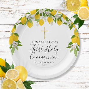 Lemon Blossom Greenery First Holy Communion Paper Plate
