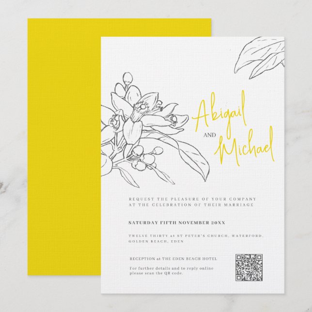 Lemon blossom sketch yellow grey wedding invitation (Front/Back)