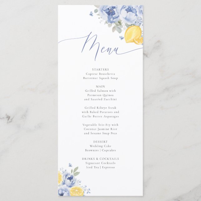 Lemon Blue Floral Bridal Shower Menu Card (Front)