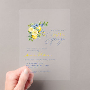 Lemon Blue Floral Citrus Bridal Shower Acrylic Invitations