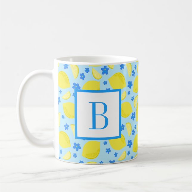 Lemon Blue Flower Monogram Initial Personalized Coffee Mug (Left)