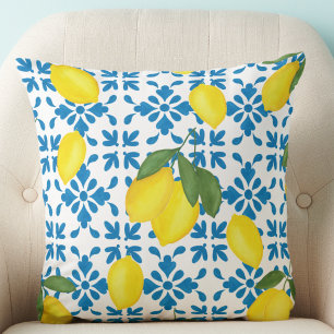 Lemon Blue French Country Watercolor Throw Pillow