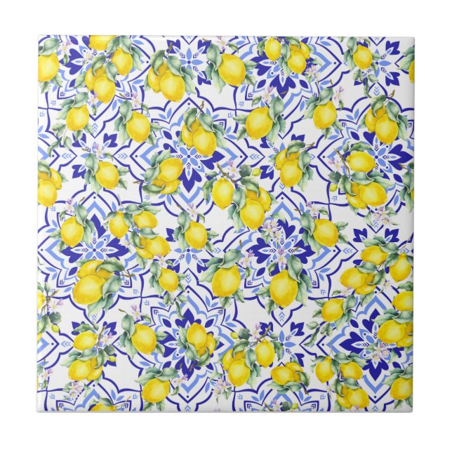 Lemon Blue French Country Watercolor Tile (Front)
