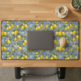 Lemon Blue French Country Watercolor Tile Desk Mat