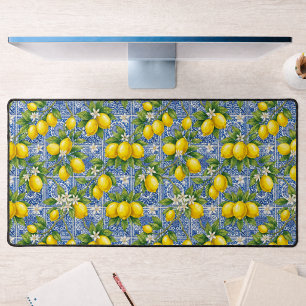 Lemon Blue French Country Watercolor Tile Desk Mat