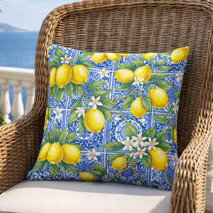 Lemon Blue French Country Watercolor Tile Throw Pillow
