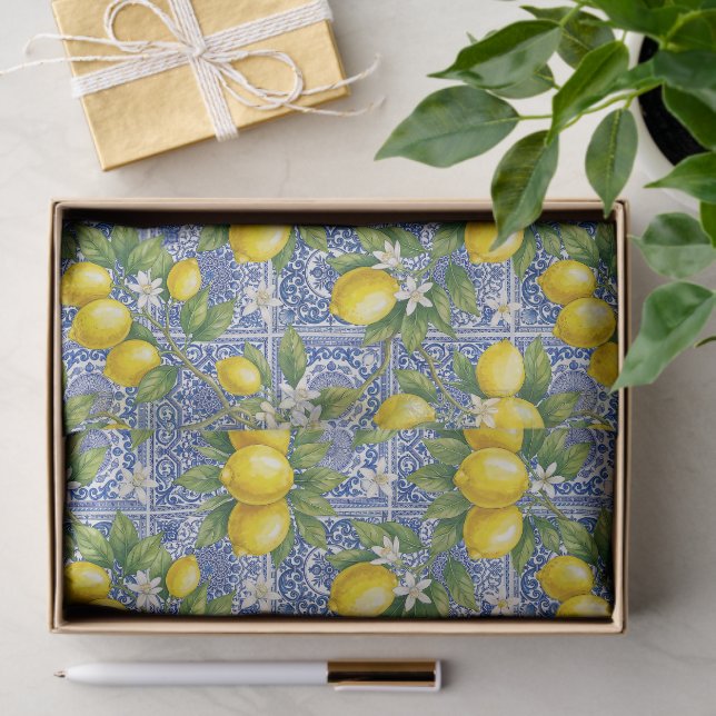 Lemon Blue French Country Watercolor Tile Tissue Paper (Gift)