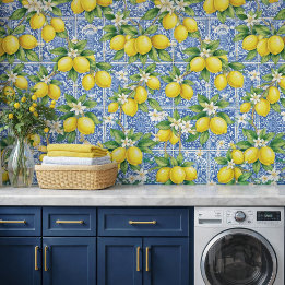 Lemon Blue French Country Watercolor Tile Wallpaper