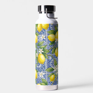 Lemon Blue French Country Watercolor Tile Water Bottle