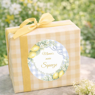Lemon blue gingham mama's main squeeze Baby Shower Classic Round Sticker