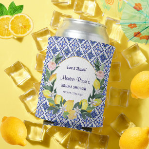 Lemon Blue Italian Tiles Bridal Shower Party Name  Can Cooler