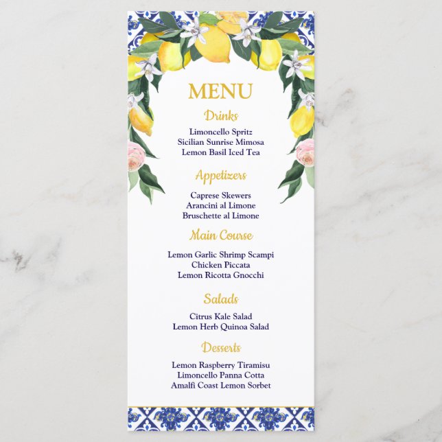 Lemon Blue Italian Tiles Bridal Shower Wedding  Menu (Front)
