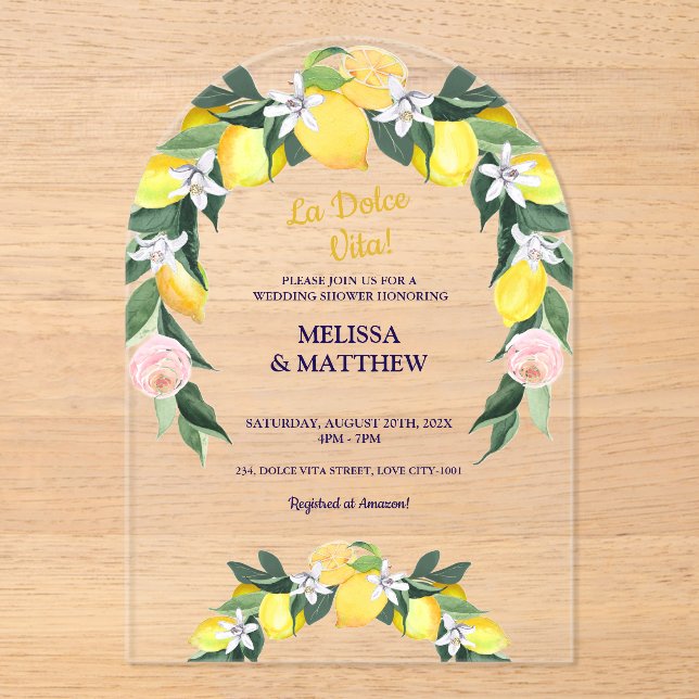 Lemon Blue Italian Tiles Couple Wedding Shower Acrylic Invitations (Front)