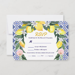 Lemon Blue Italian Tiles Wedding Meal Option  RSVP Card