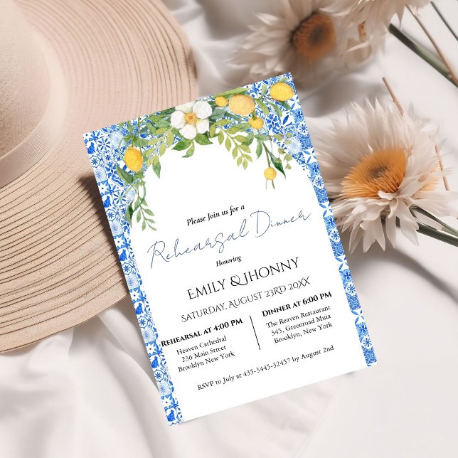  Lemon Blue Mediterranean Italian Rehearsal Dinner Invitation (Creator Uploaded)