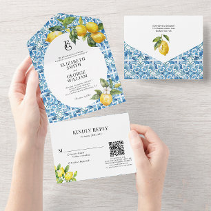 Lemon Blue Mediterranean Monogram Qr Code Wedding All In One Invitation