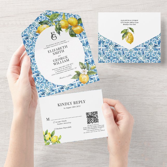 Lemon Blue Mediterranean Monogram Qr Code Wedding All In One Invitation (Creator Uploaded)