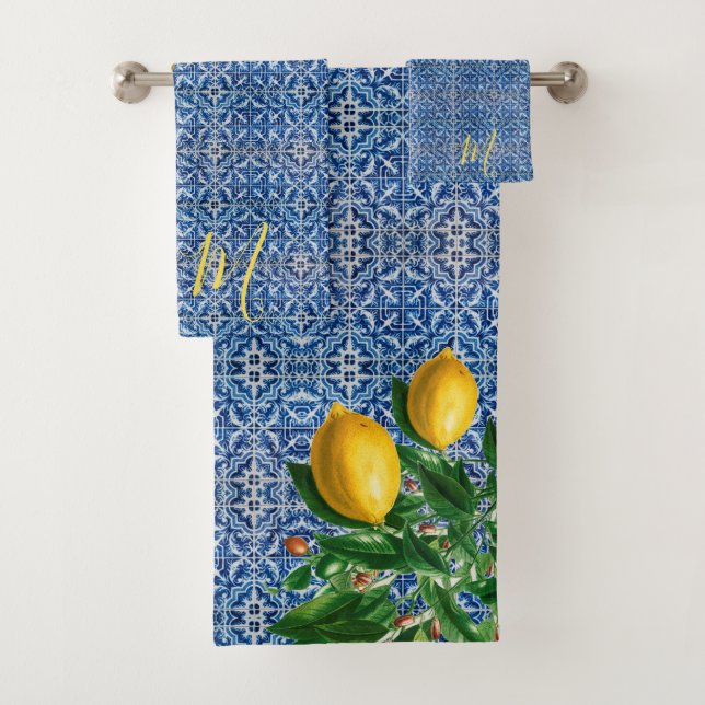 Lemon Blue Mediterranean Theme Bath Towel Set (Insitu)