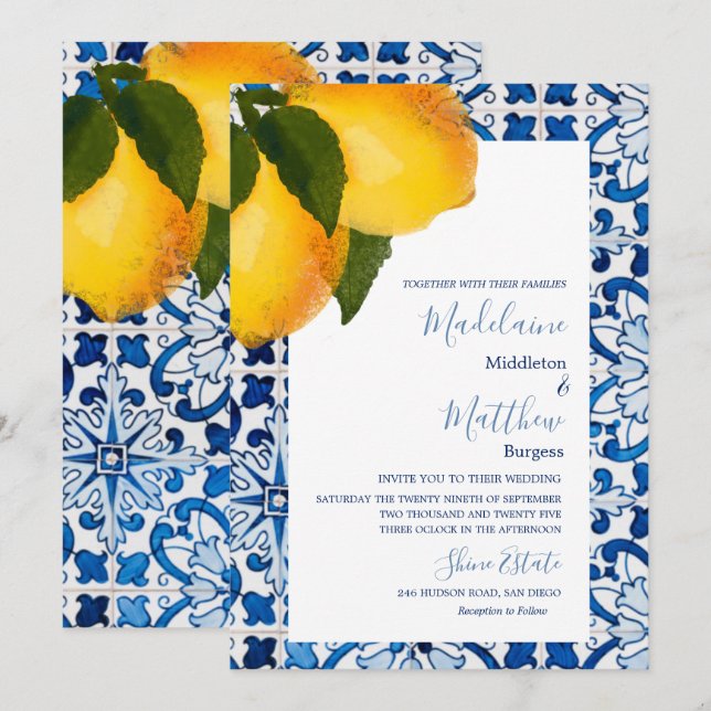Lemon Blue Mediterranean Tile Chic Stylish Wedding Invitation (Front/Back)
