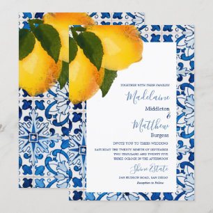 Lemon Blue Mediterranean Tile Chic Stylish Wedding Invitation