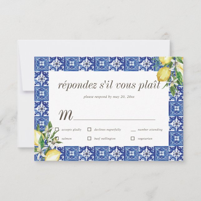 Lemon Blue Mediterranean Wedding  RSVP Meal (Front)