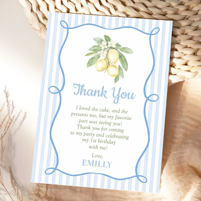 Lemon Blue Stripes Birthday Flat Thank You Card (Creator Uploaded)