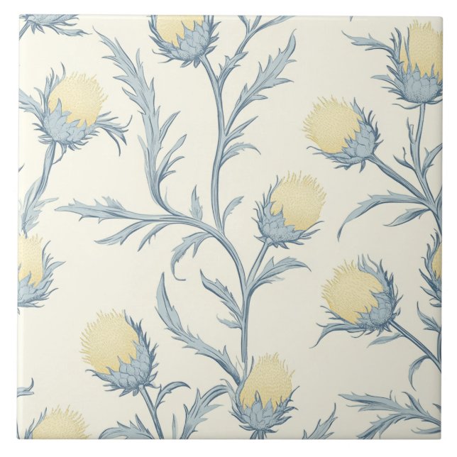 Lemon Blue Thistle Floral Flower Pattern Tile (Front)