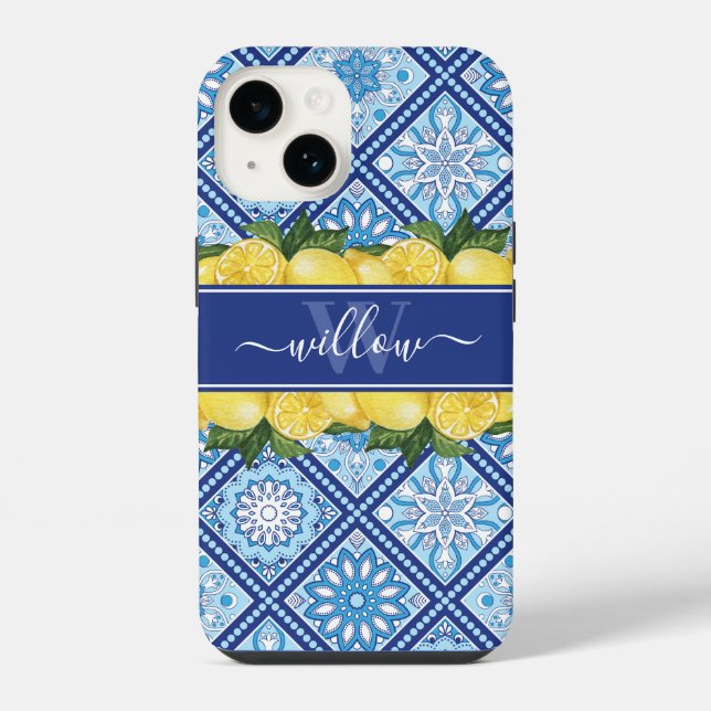 Lemon Blue Tile Backsplash Monogram iPhone Case (Back)
