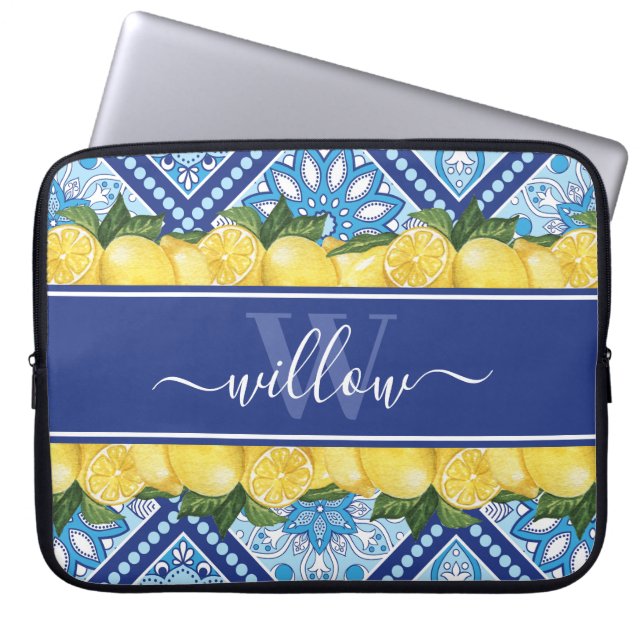 Lemon Blue Tile Backsplash Monogram Laptop Sleeve (Front)