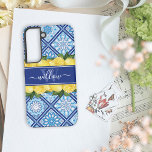 Lemon Blue Tile Backsplash Monogram Samsung Galaxy Case<br><div class="desc">Stylish Lemons and Mediterranean Blue Tiles Monogrammed Galaxy Case. Unique and trendy watercolor lemons, greenery leaves on a blue tile background with a custom monogram template and elegant calligraphy script name template. This pretty green, yellow, blue and white botanical galaxy s22 phone cover would make a thoughtful gift for mom,...</div>