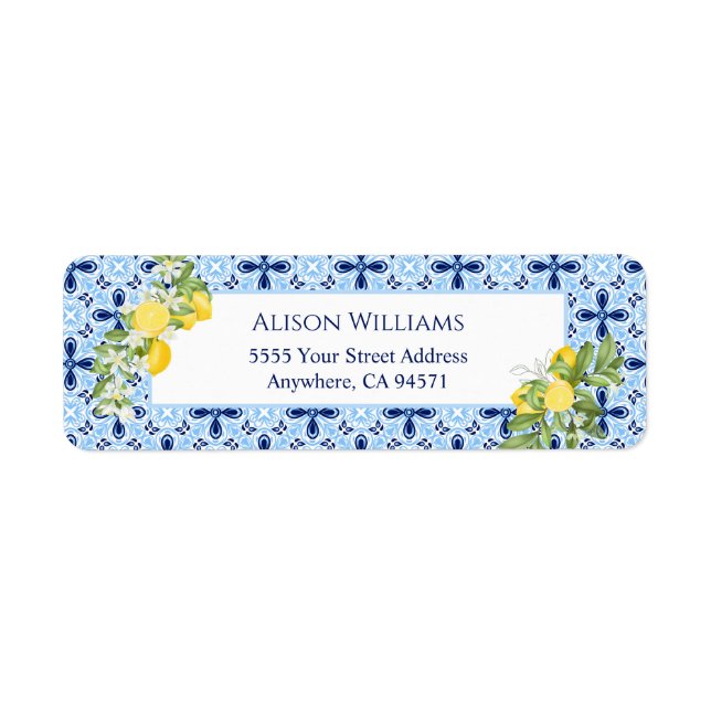 Lemon Blue Tile Greenery Return Address Label (Front)