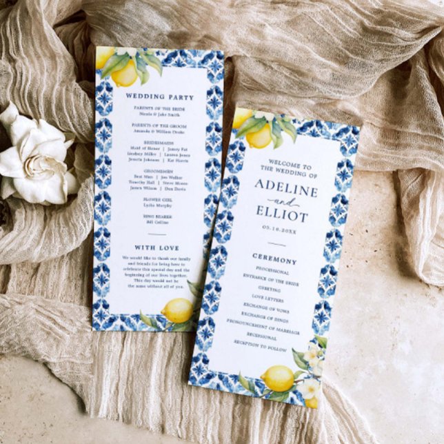 Lemon Blue Tile Mediterranean Wedding Program (Creator Uploaded)