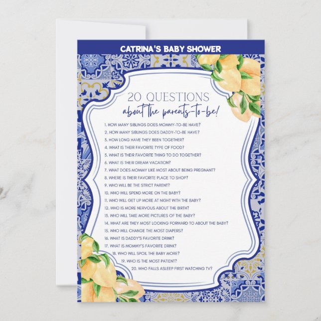 Lemon Blue Tiles Baby Shower - Editable Name, 5x7 Invitation (Front)
