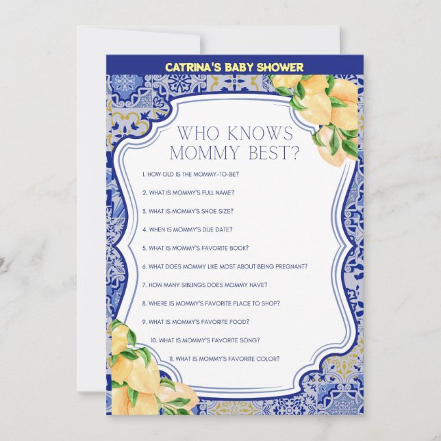 Lemon Blue Tiles Baby Shower - Editable Name, 5x7 Invitation (Front)