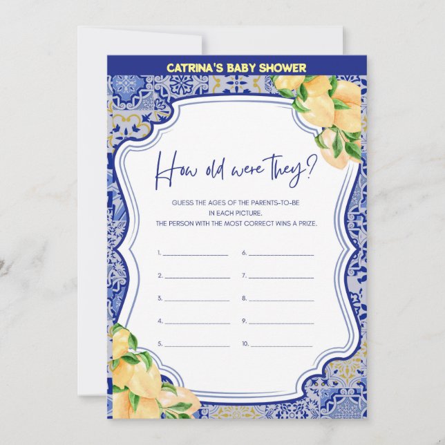 Lemon Blue Tiles Baby Shower - Editable Name, 5x7 Invitation (Front)