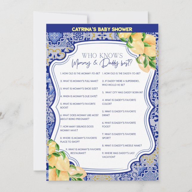 Lemon Blue Tiles Baby Shower - Editable Name, 5x7 Invitation (Front)
