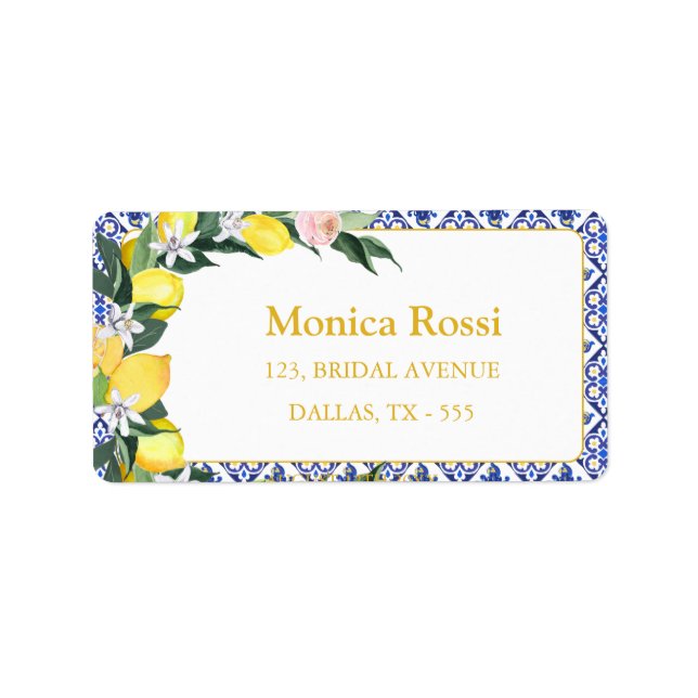  Lemon Blue Tiles Bridal Shower Return Address  Label (Front)