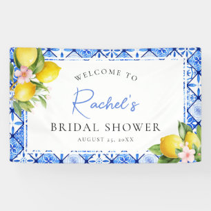 Lemon Blue Tiles Floral Bridal Shower Welcome Banner