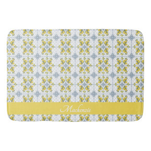 Lemon Blue Watercolor French Country Name Monogram Bath Mat