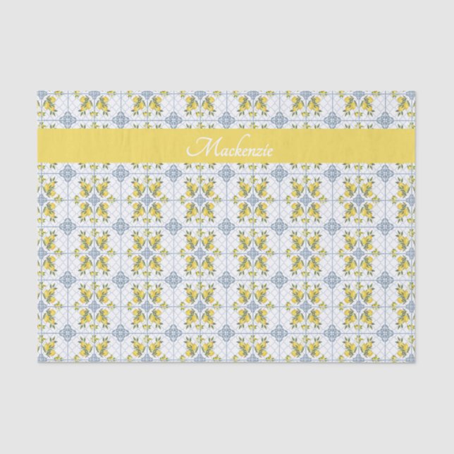 Lemon Blue Watercolor French Country Name Monogram Tissue Paper (Front)