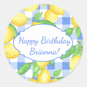Lemon Blue White Gingham Custom Classic Round Sticker