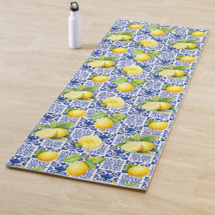 Lemon Blue White Tile Pattern Mediterranean Citrus Yoga Mat