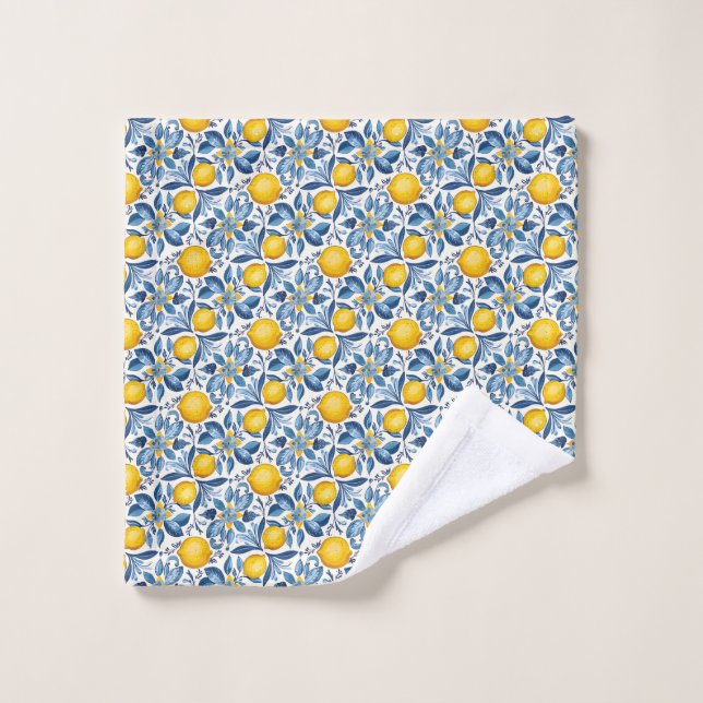 Lemon Botanical Blue and Yellow Summer Print (Gant de toilette)