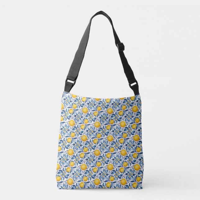 Lemon Botanical Blue and Yellow Summer Print Crossbody Bag (Front)