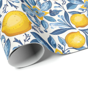 Lemon Botanical Blue and Yellow Summer Print Wrapping Paper