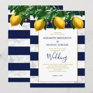 Lemon Botanical Navy White Stripe  Marble Wedding Invitation
